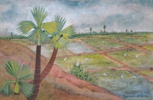 Painting of rural landscape on paper