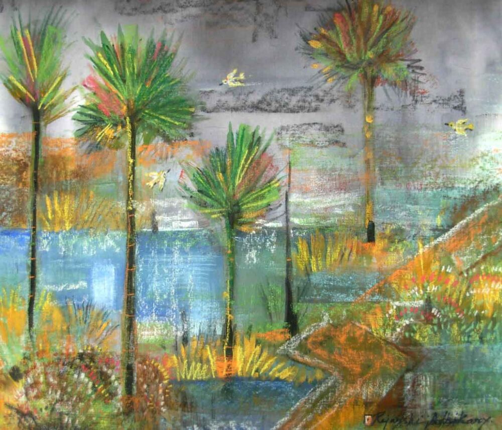 Painting of rural landscape on paper