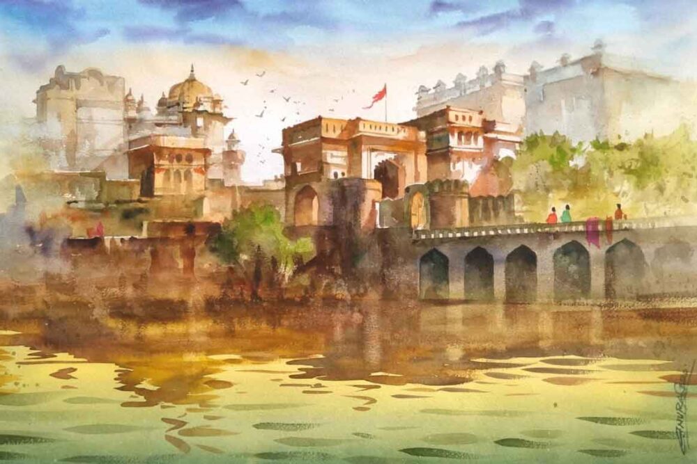 Painting on paper of fort in Rajasthan