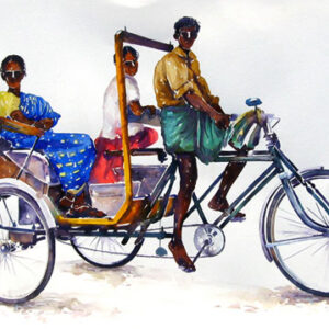 Watercolour on paper of a rickshaw with passengers