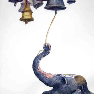 Watercolour painting on paper of elephant ringing the bells