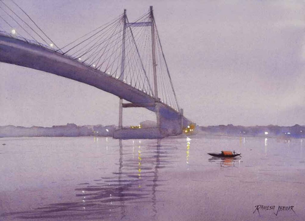 Painting on paper of a bridge in the city