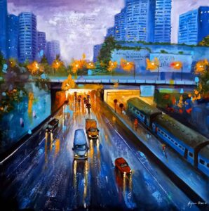 Painting on canvas of rainy day in city