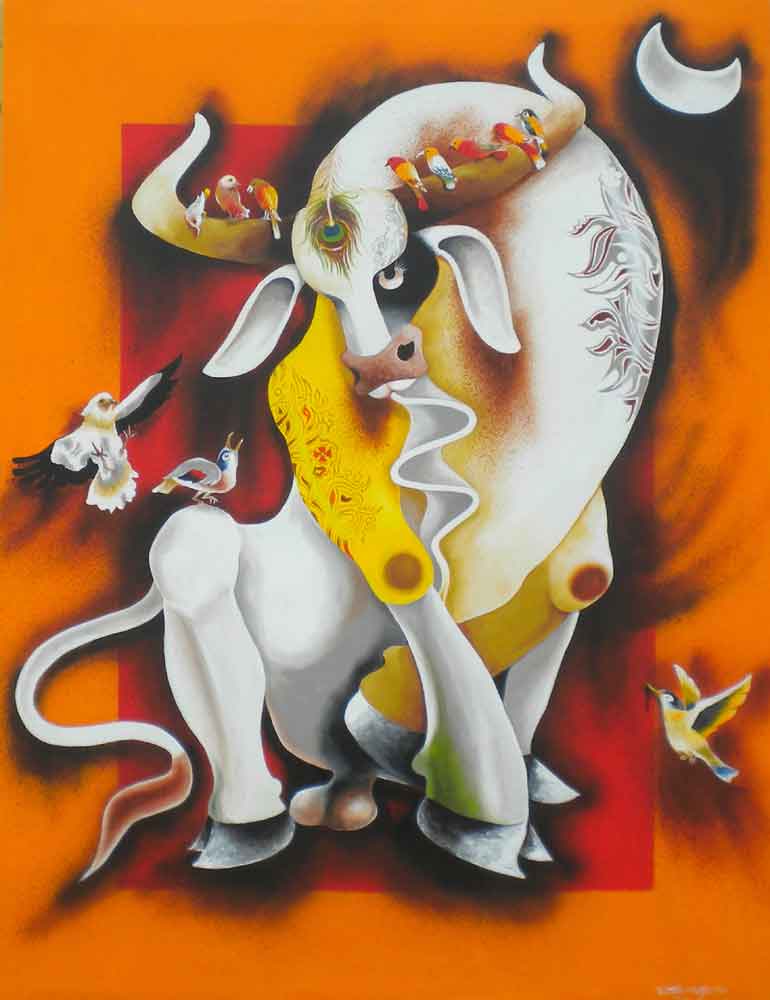 Painting on canvas of bulls and birds