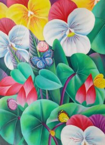 Painting on canvas of butterflies and flowers