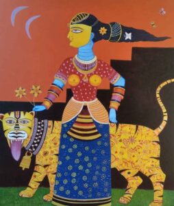 Painting on canvas of lady with tiger
