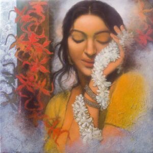 Painting on canvas of woman with flowers