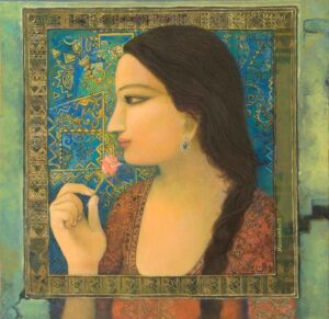 Painting on canvas of woman with flower with