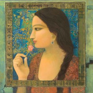 Painting on canvas of woman with flower with