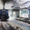 Painting of toy train on canvas