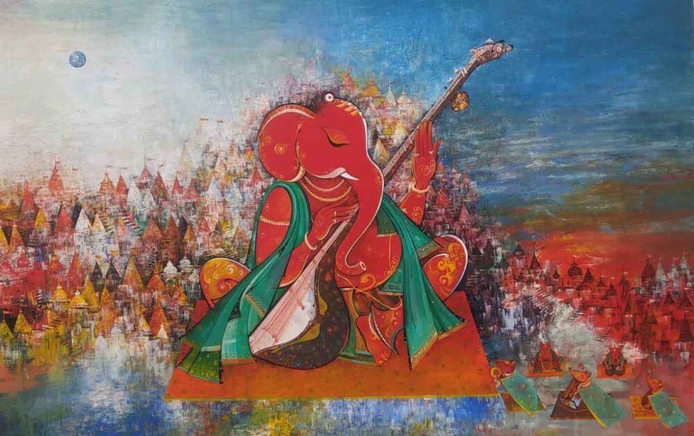Painting of Ganesh making music on Benaras Ghat