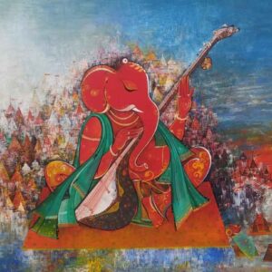 Painting of Ganesh making music on Benaras Ghat