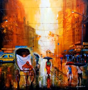Painting of rainy day in the city on canvas