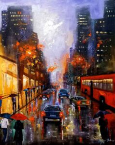 Painting of rainy day in the city on canvas