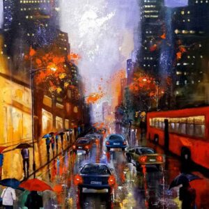 Painting of rainy day in the city on canvas