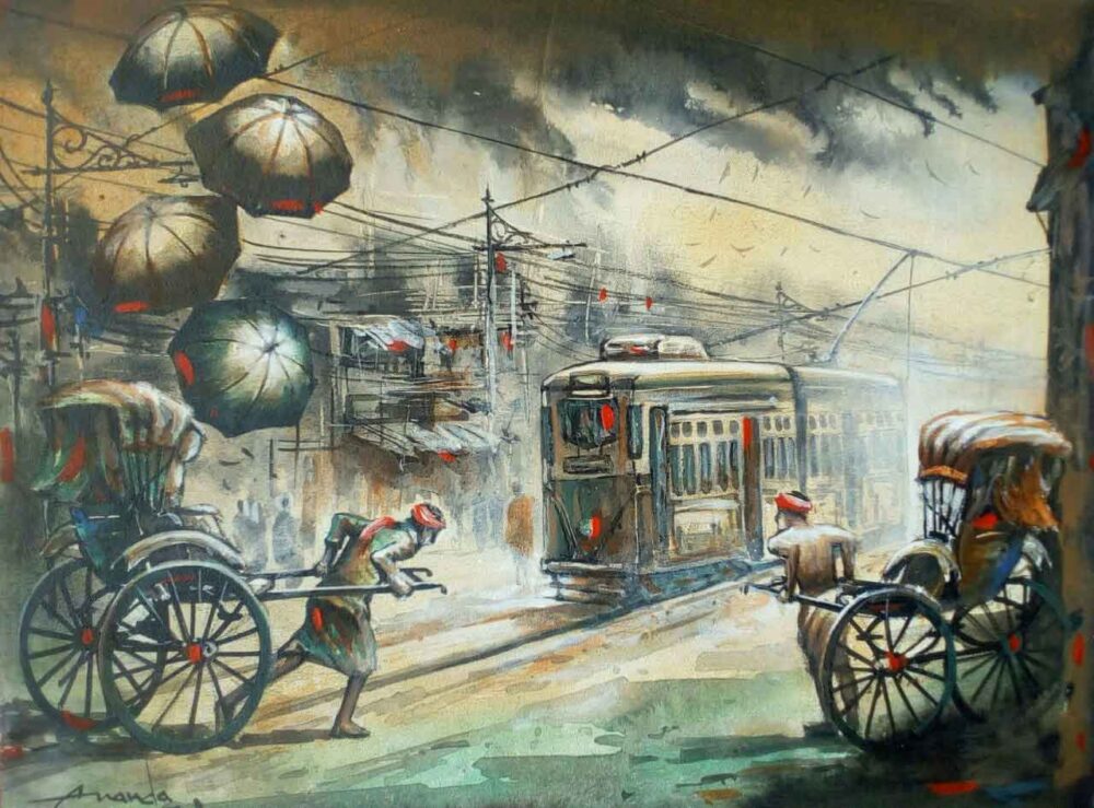 Painting of rickshaw and tram on canvas