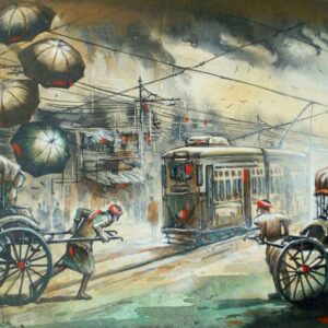 Painting of rickshaw and tram on canvas