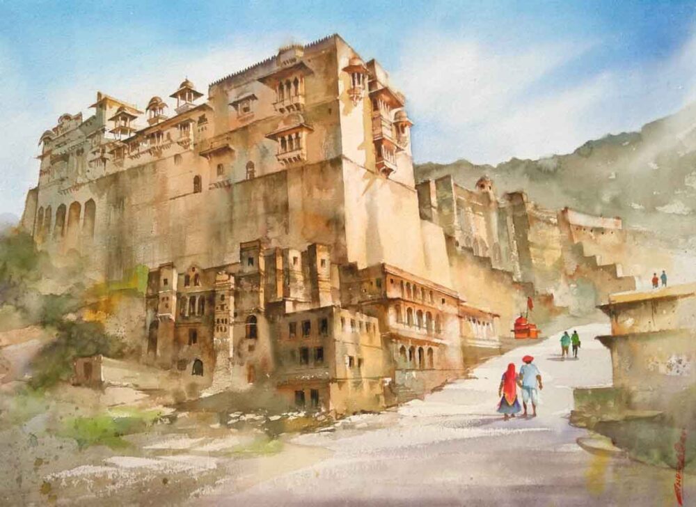 Painting on paper of Bundi fort