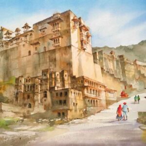 Painting on paper of Bundi fort