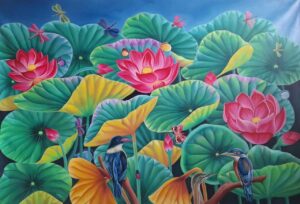 Painting of flora and fauna on canvas