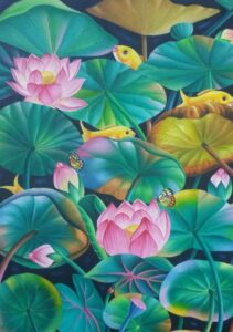 Painting of flora and fauna on canvas