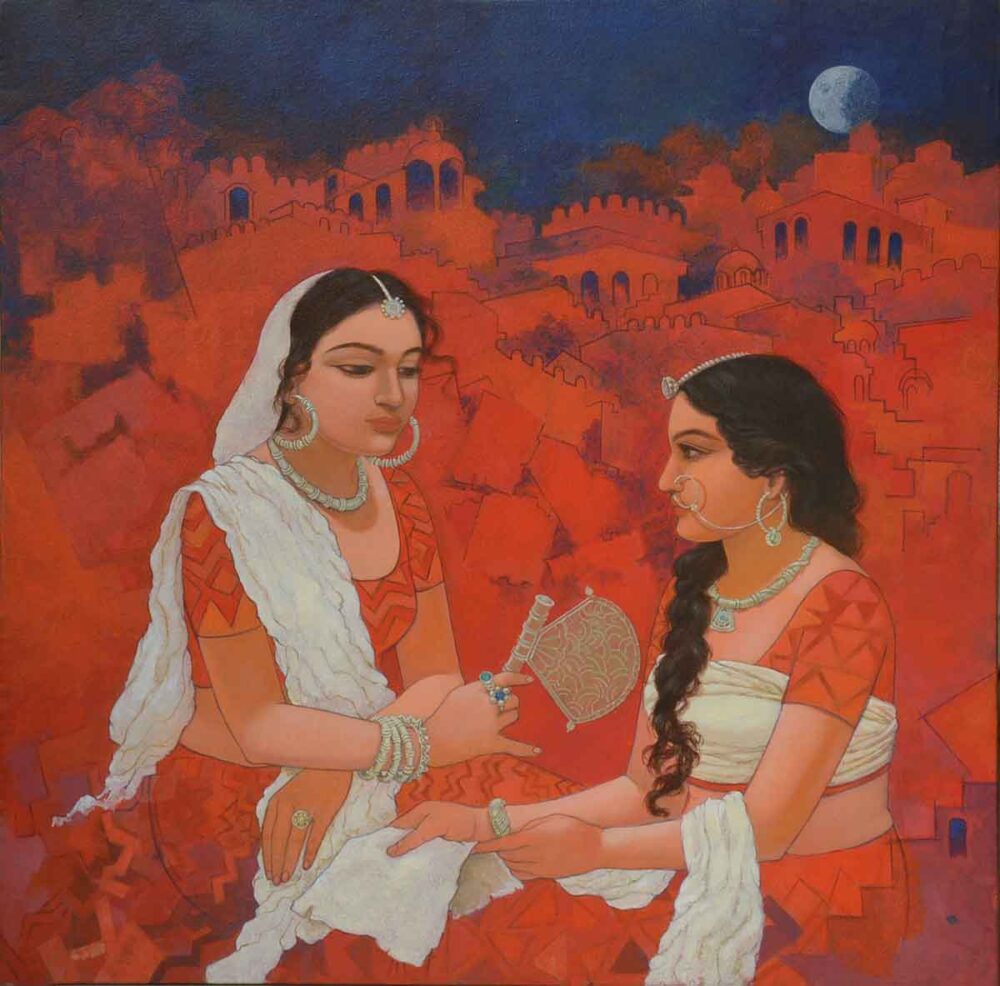 Painting on canvas of two women talking