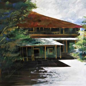 Painting on canvas of a house in the woods