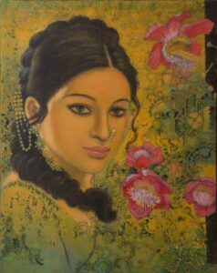 Painting on canvas of a woman with flowers