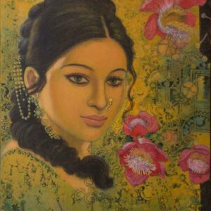 Painting on canvas of a woman with flowers