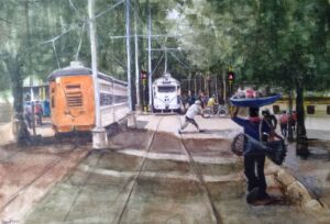 Painting on paper of a tram in Kolkata