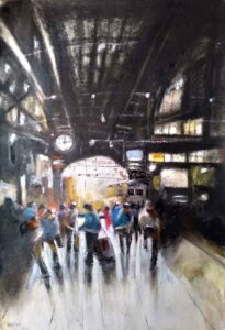 Painting on paper of railway station platform