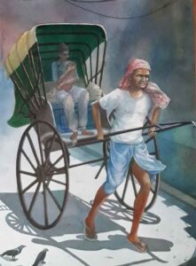 Painting on paper of rickshaw puller.