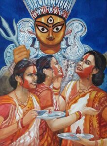 Painting on paper of women smearing vermillion after Durga Puja