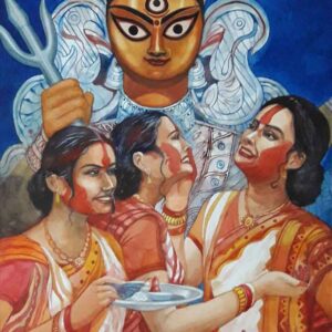Painting on paper of women smearing vermillion after Durga Puja