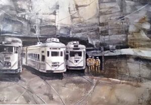 Painting on paper of Kolkata tram