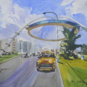 Painting on paper of Kolkata cityscape
