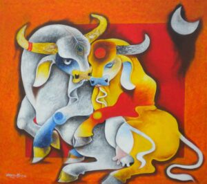 Painting of bulls on canvas