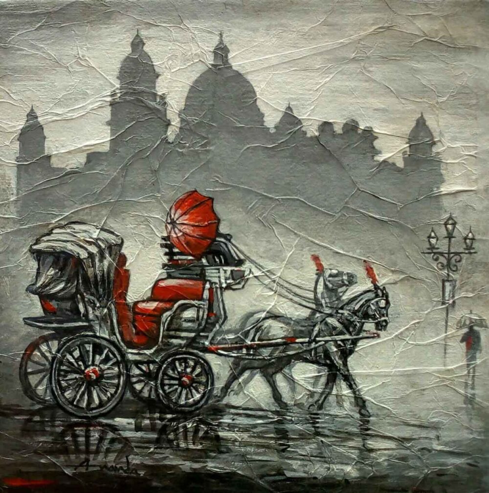 Painting on canvas of Kolkata cityscape