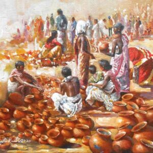 Painting of market place on canvas