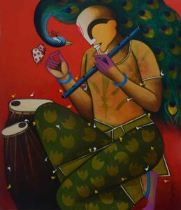 Painting on canvas of man playing flute with peacock