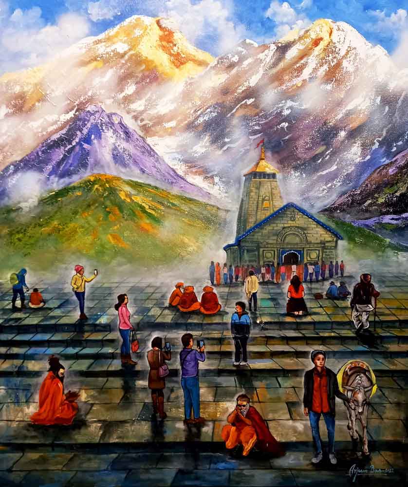 Painting of Kedarnath Yatra on canvas