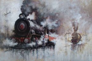 Painting of locomotive on canvas