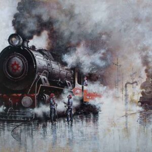 Painting of locomotive on canvas