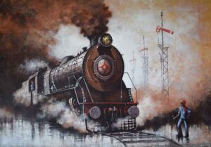Painting of locomotive on canvas