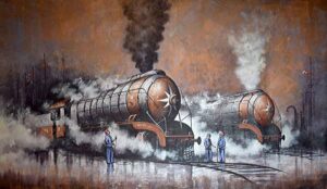 Painting of locomotive on canvas