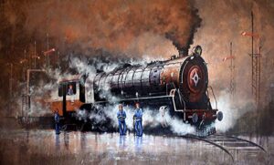 Painting of locomotive on canvas
