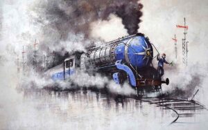 Painting of locomotive on canvas