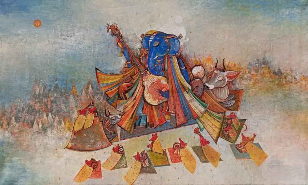 Painting of Ganesh making music on Benaras Ghat