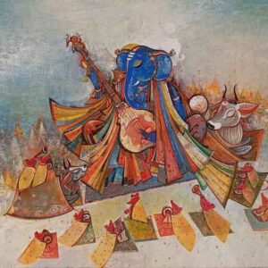 Painting of Ganesh making music on Benaras Ghat