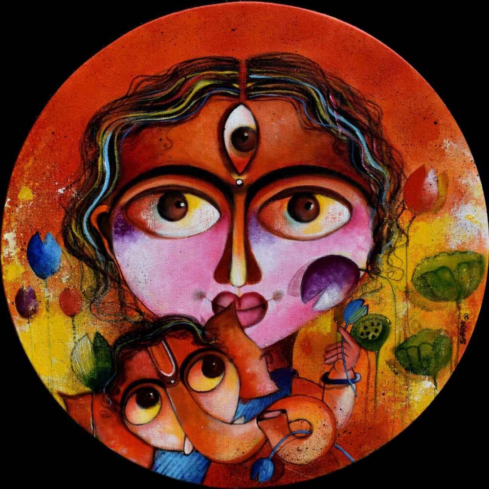 Painting of Durga and Ganesh on canvas